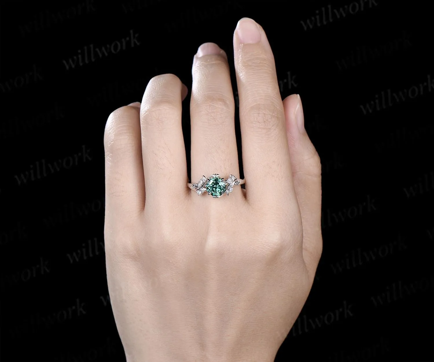Vintage 1ct round green sapphire engagement ring leaf 14k white gold ring branch twig nature inspired five stone diamond promise ring women sold by Willwork Jewelry product image thumbnail 3