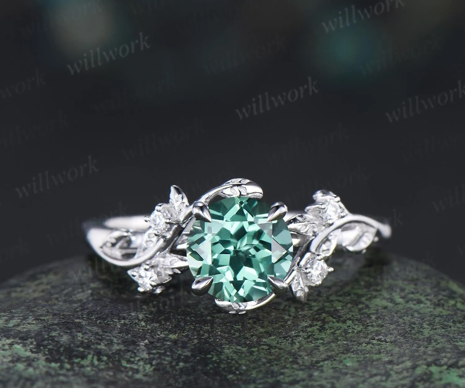 Vintage 1ct round green sapphire engagement ring leaf 14k white gold ring branch twig nature inspired five stone diamond promise ring women sold by Willwork Jewelry