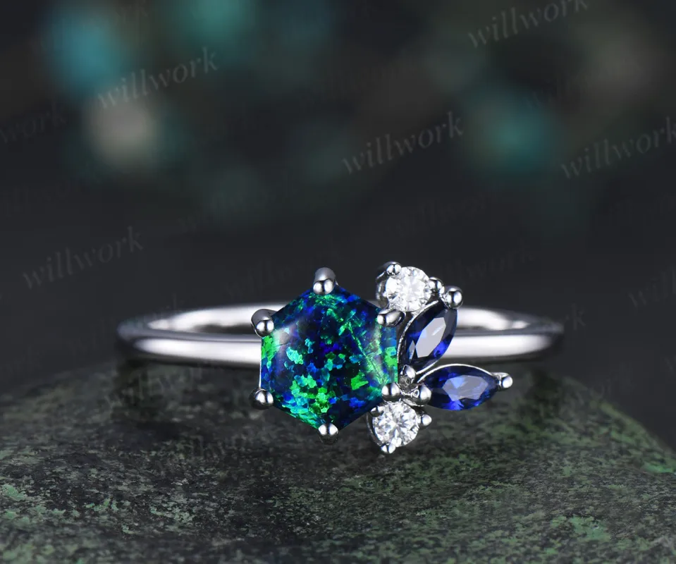 Unique hexagon cut black opal ring marquise blue sapphire cluster ring solid 14k white gold promise ring for women sold by Willwork Jewelry