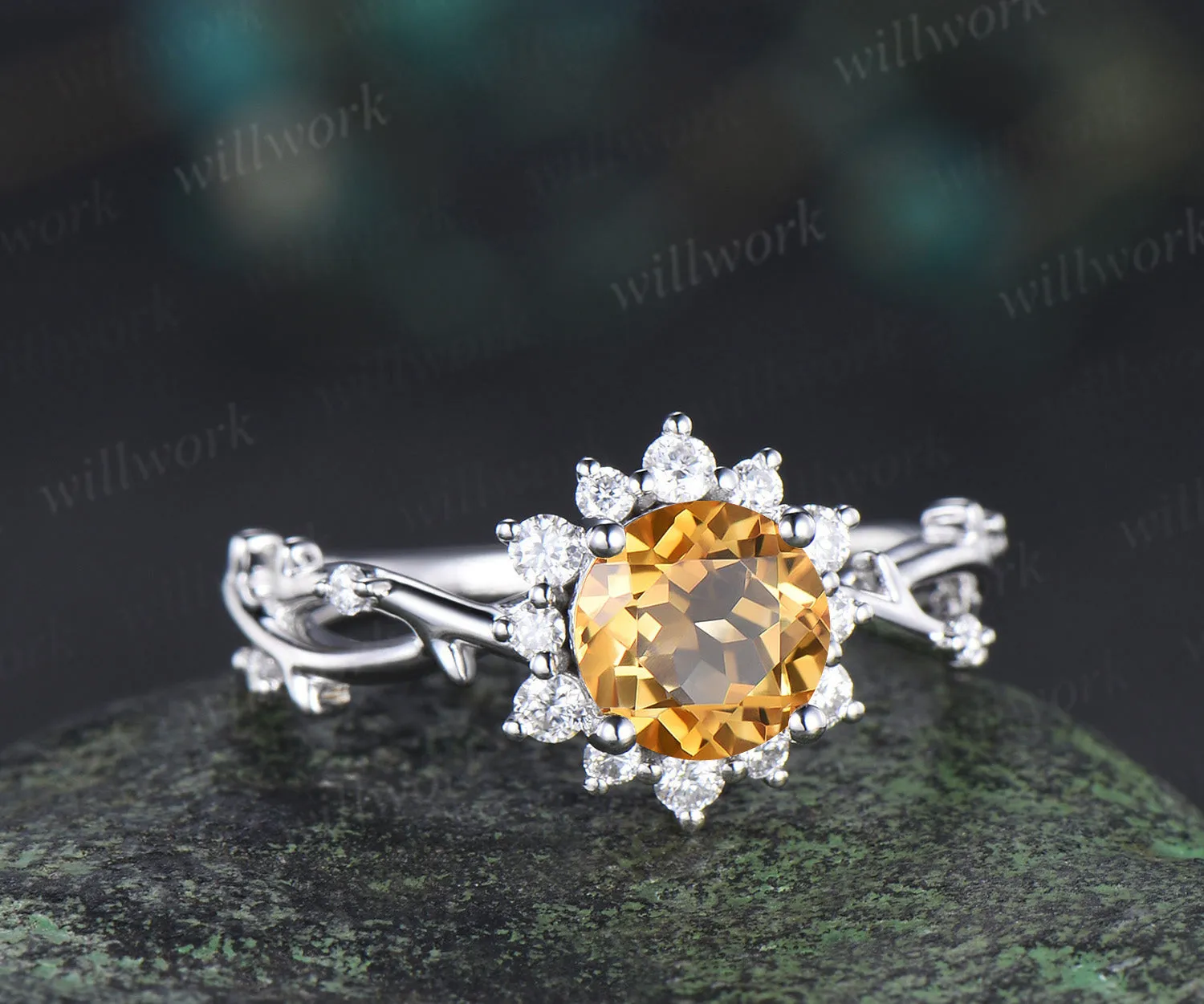 6.5mm round cut yellow citrine ring diamond halo twig infinity engagement ring nature inspired jewelry gifts for women sold by Willwork Jewelry product image thumbnail 3