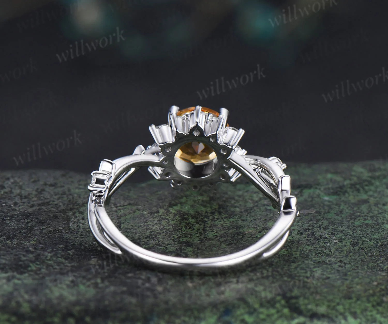 6.5mm round cut yellow citrine ring diamond halo twig infinity engagement ring nature inspired jewelry gifts for women sold by Willwork Jewelry product image thumbnail 5