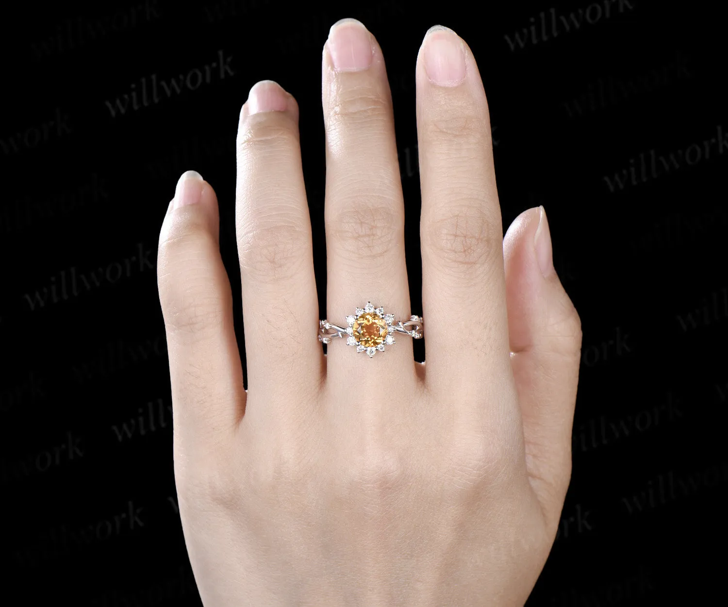 6.5mm round cut yellow citrine ring diamond halo twig infinity engagement ring nature inspired jewelry gifts for women sold by Willwork Jewelry product image thumbnail 2