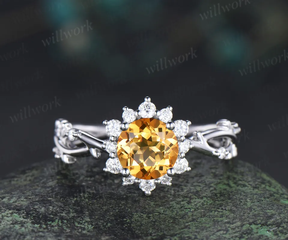 6.5mm round cut yellow citrine ring diamond halo twig infinity engagement ring nature inspired jewelry gifts for women sold by Willwork Jewelry