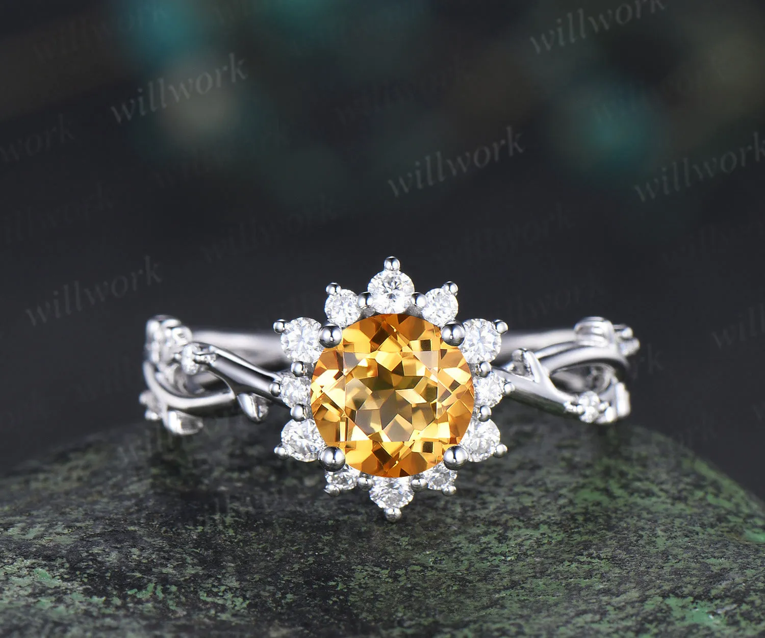6.5mm round cut yellow citrine ring diamond halo twig infinity engagement ring nature inspired jewelry gifts for women sold by Willwork Jewelry