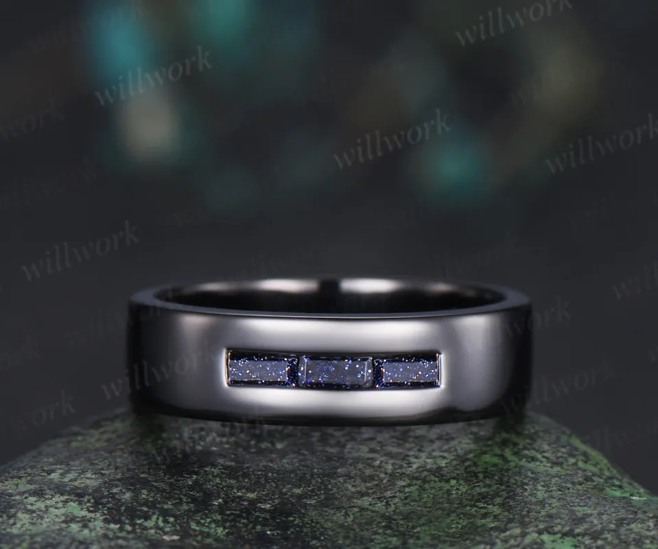 Baguette cut blue sandstone wedding band three stone men wedding ring unique black gold ring wedding anniversary gifts for him made by Willwork Jewelry