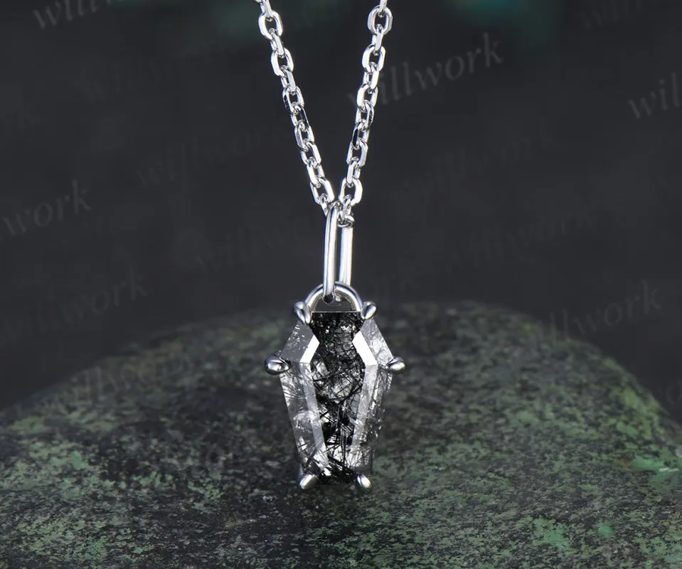 Vintage Coffin black rutilated quartz pendant necklace solitaire kite shape crystal charm necklace white gold pendant Halloween jewelry sold by Willwork Jewelry
