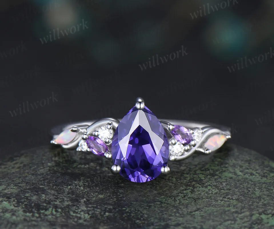 Unique purple sapphire engagement ring marquise amethyst opal bridal wedding ring jewelry gifts for women made by Willwork Jewelry