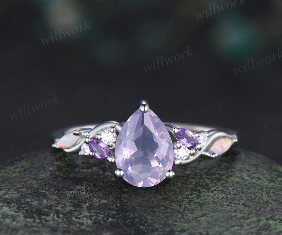 Pear cut lavender amethyst engagement ring opal moissanite amethyst cluster ring minimalist wedding ring for bridal sold by Willwork Jewelry