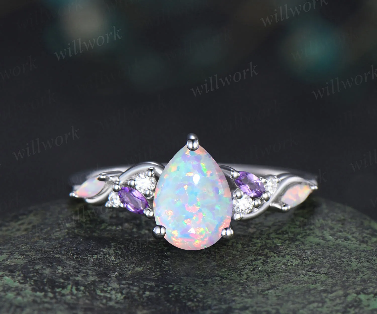 Pear opal engagement ring fire opal amethyst moissanite cluster ring October birthstone jewelry gifts for women sold by Willwork Jewelry