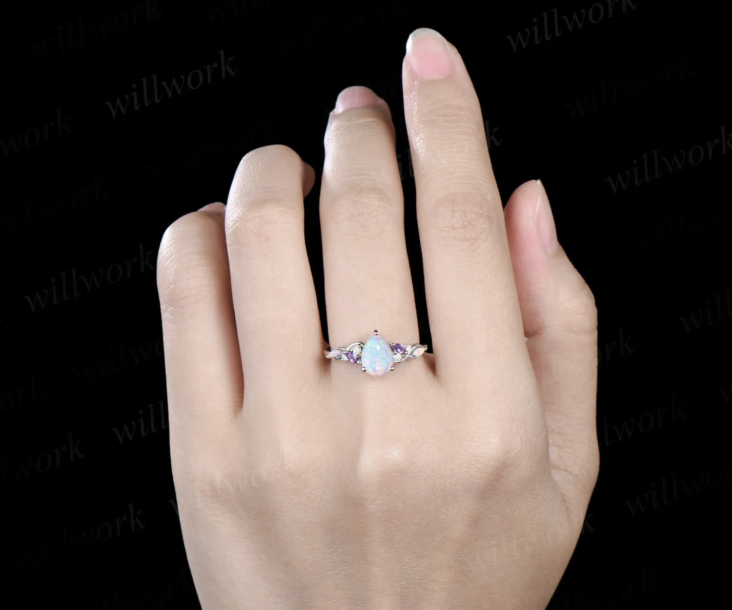 Pear opal engagement ring fire opal amethyst moissanite cluster ring October birthstone jewelry gifts for women sold by Willwork Jewelry product image thumbnail 2