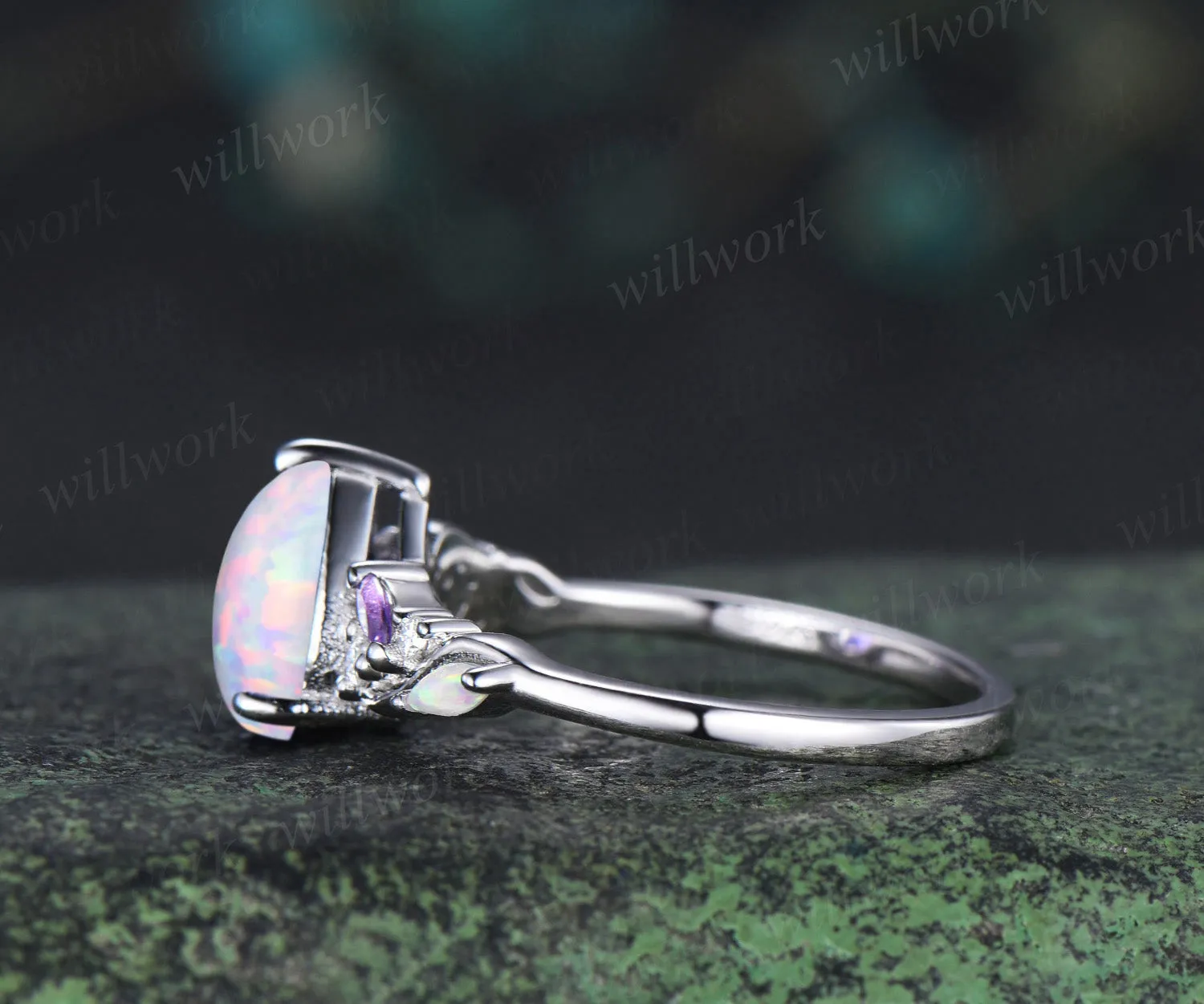 Pear opal engagement ring fire opal amethyst moissanite cluster ring October birthstone jewelry gifts for women sold by Willwork Jewelry product image thumbnail 4