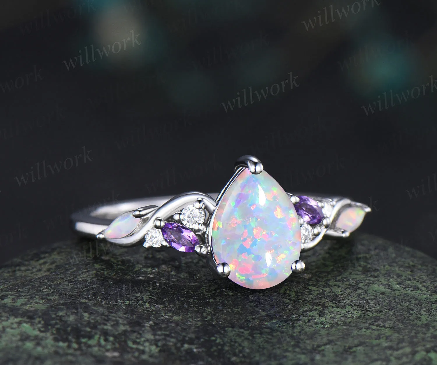 Pear opal engagement ring fire opal amethyst moissanite cluster ring October birthstone jewelry gifts for women sold by Willwork Jewelry product image thumbnail 3