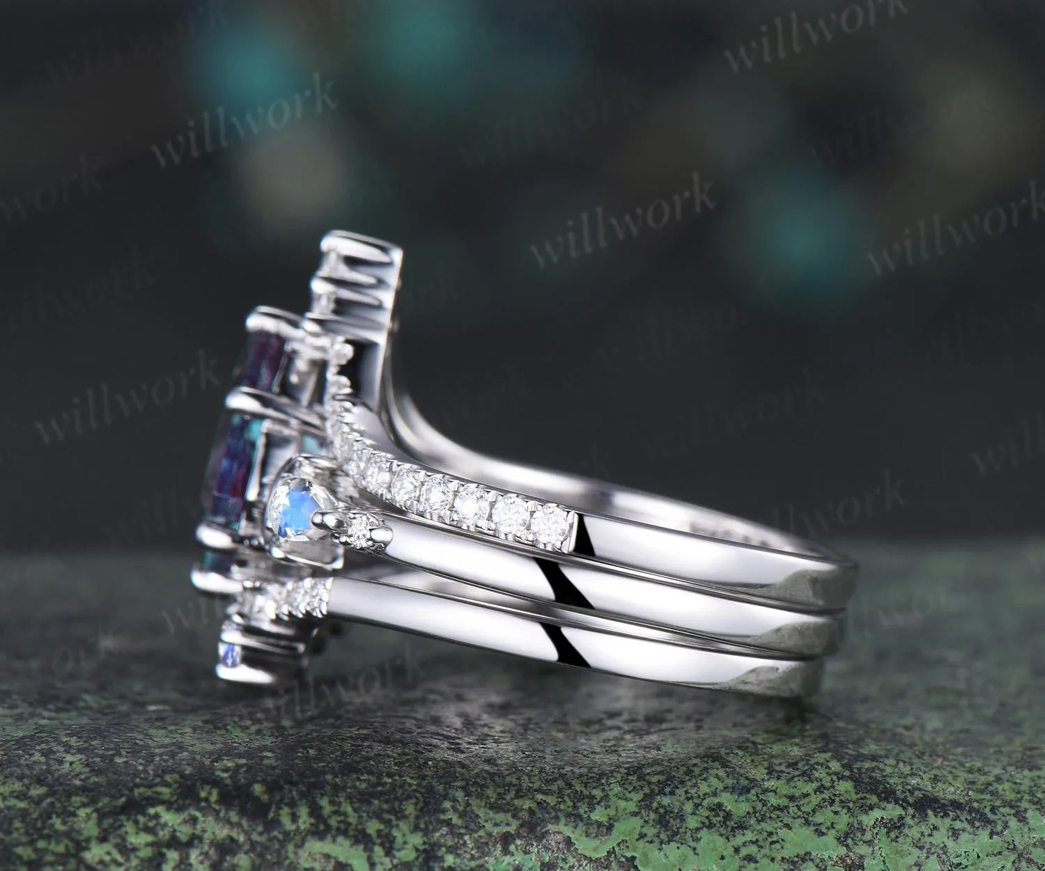3pc kite cut Alexandrite ring vintage white gold moon five stone engagement ring set moonstone diamond unique wedding promise ring women sold by Willwork Jewelry product image thumbnail 5