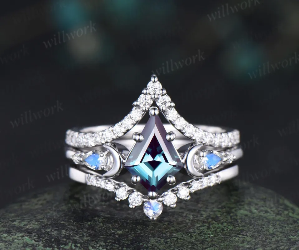 3pc kite cut Alexandrite ring vintage white gold moon five stone engagement ring set moonstone diamond unique wedding promise ring women sold by Willwork Jewelry