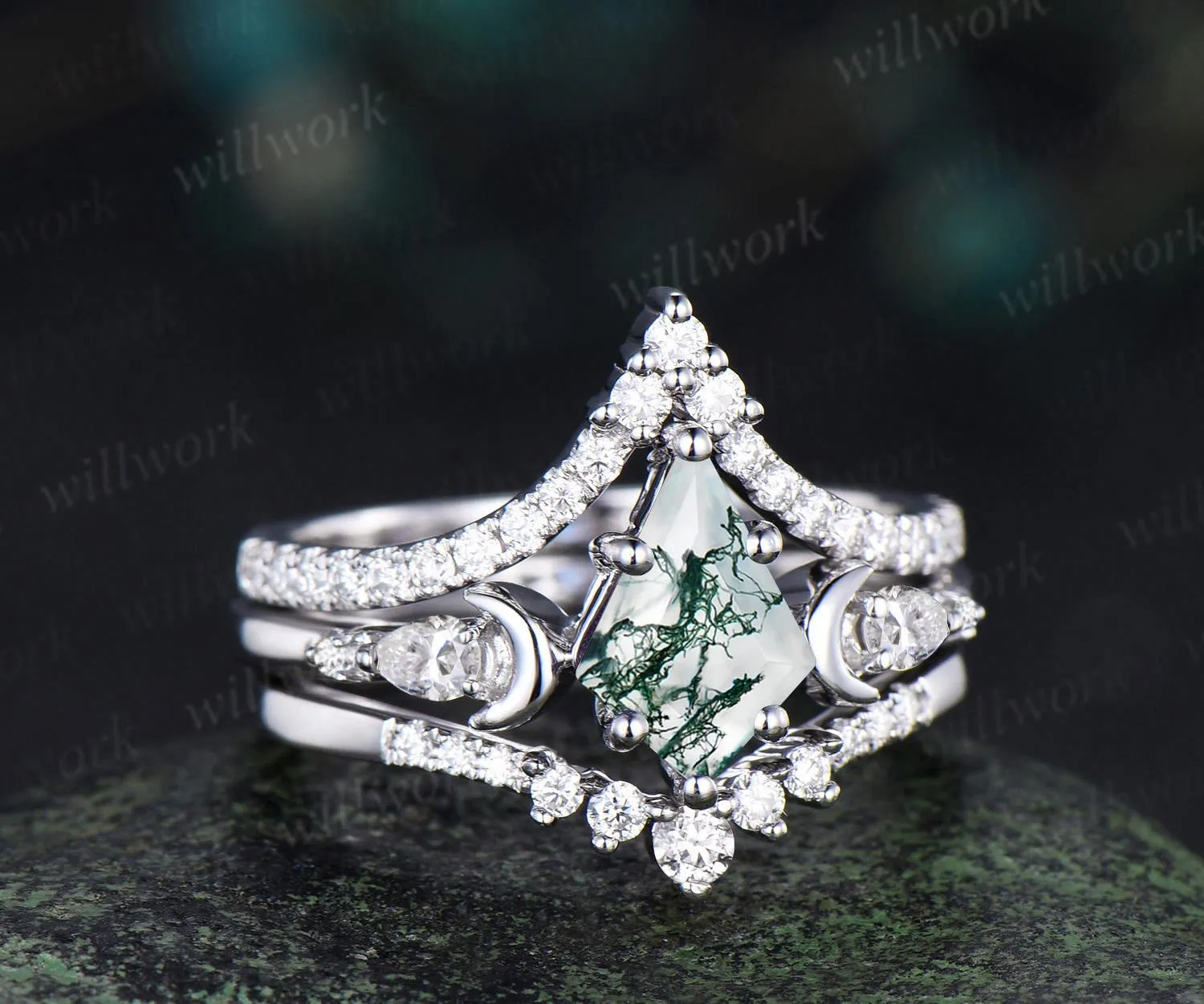 3pc kite cut natural moss agate ring vintage white gold moon five stone engagement ring set diamond unique wedding promise ring women silver sold by Willwork Jewelry product image thumbnail 4