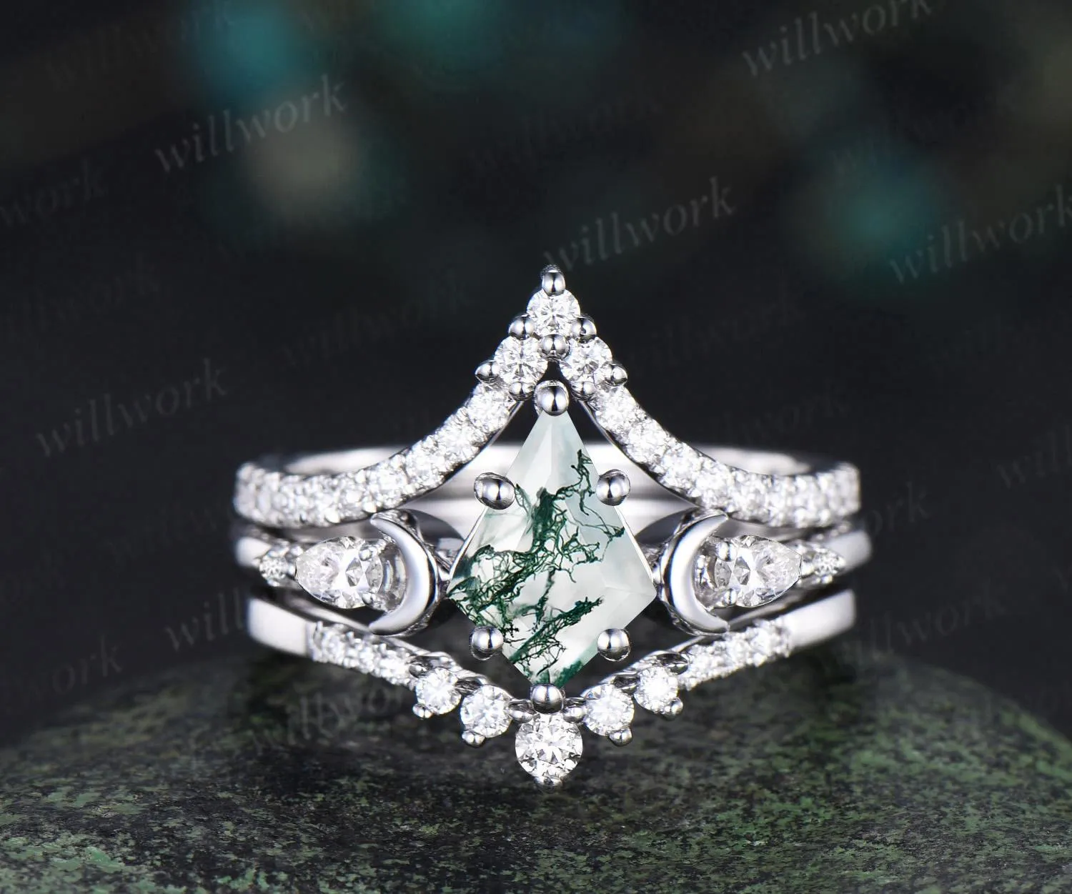 3pc kite cut natural moss agate ring vintage white gold moon five stone engagement ring set diamond unique wedding promise ring women silver sold by Willwork Jewelry