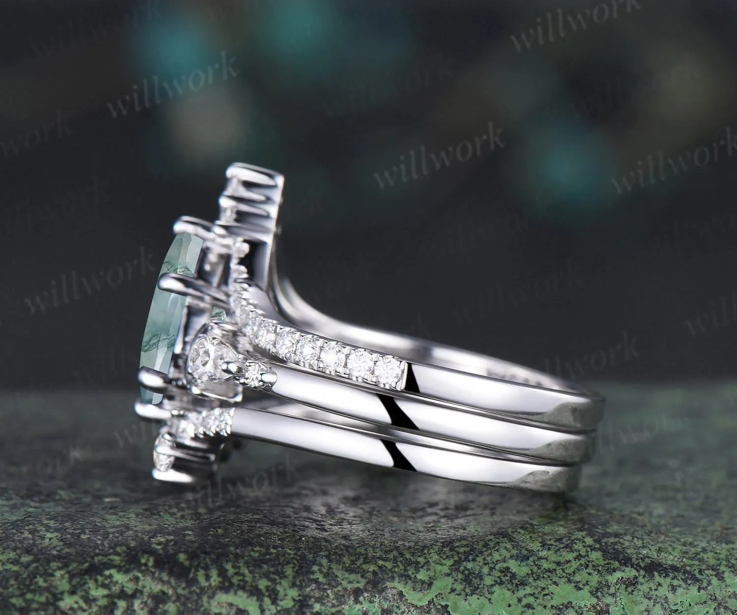 3pc kite cut natural moss agate ring vintage white gold moon five stone engagement ring set diamond unique wedding promise ring women silver sold by Willwork Jewelry product image thumbnail 5
