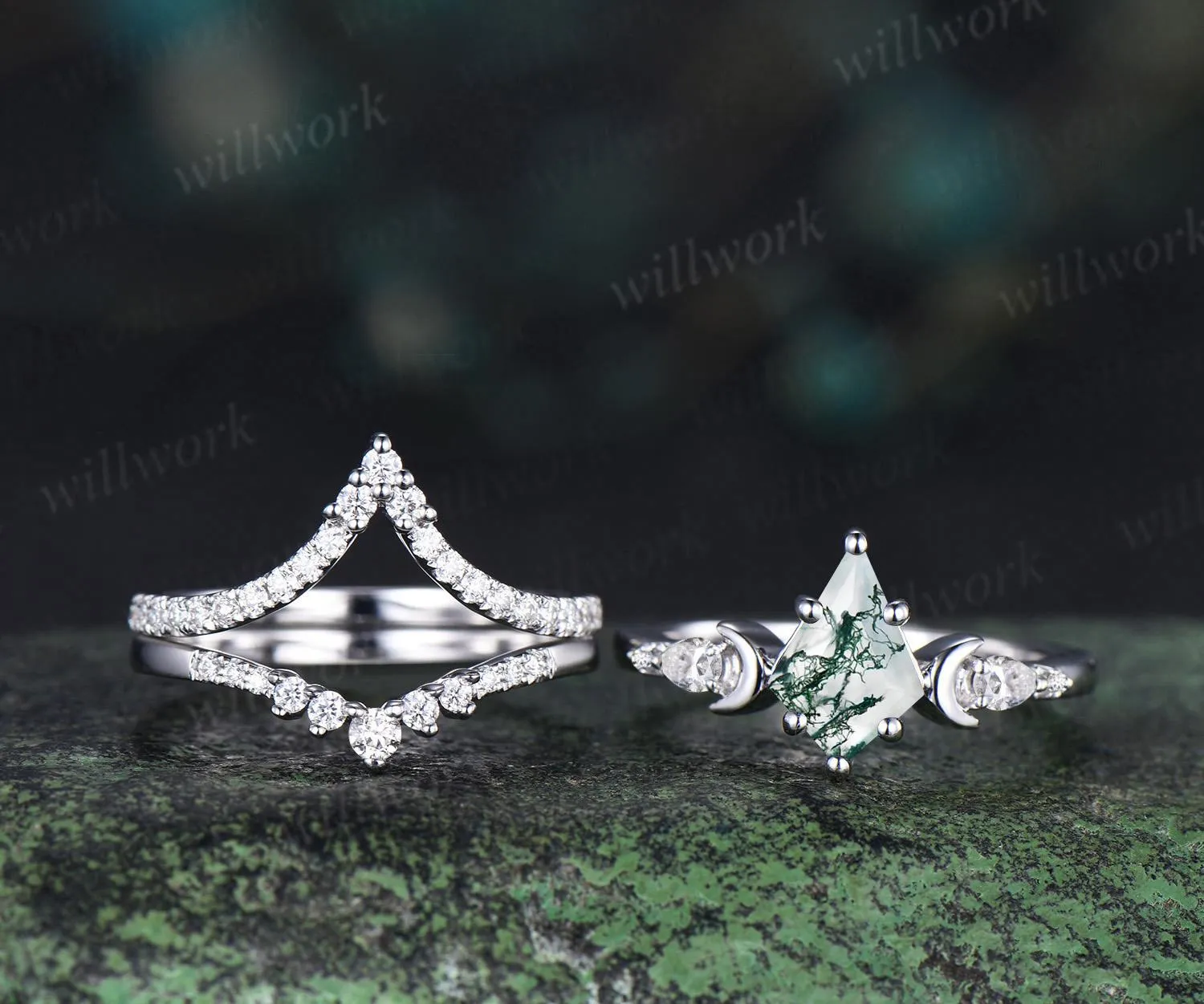 3pc kite cut natural moss agate ring vintage white gold moon five stone engagement ring set diamond unique wedding promise ring women silver sold by Willwork Jewelry product image thumbnail 2