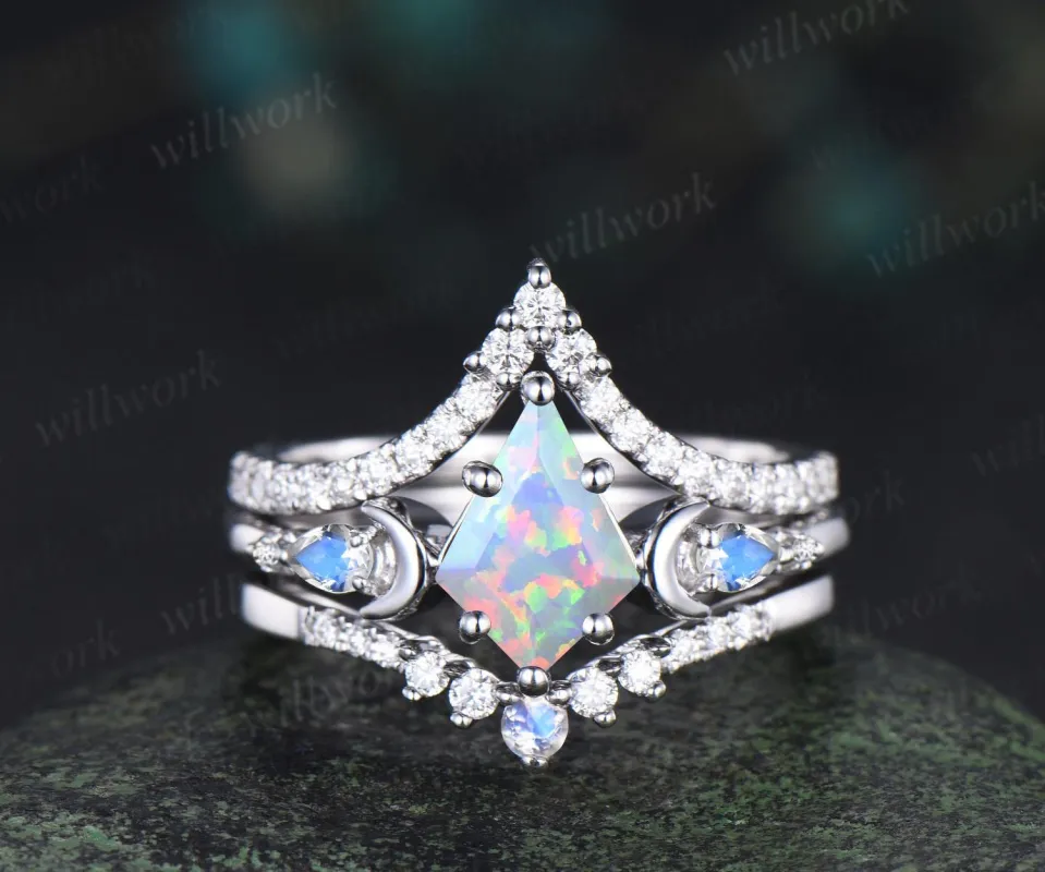 3pc kite cut opal ring vintage white gold moon five stone engagement ring set moonstone diamond unique wedding bridal ring set gift women sold by Willwork Jewelry