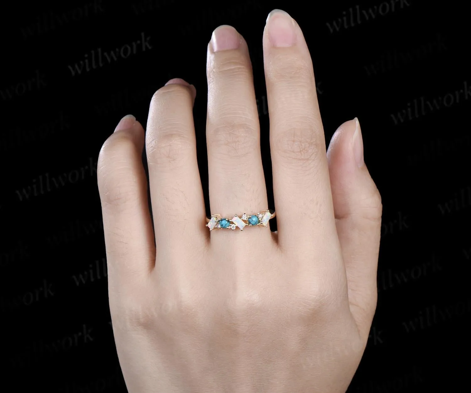 Turquoise ring cluster baguette cut opal wedding band 14k yellow gold moissanite Multi-stone ring unique dainty bridal ring women gift sold by Willwork Jewelry product image thumbnail 3