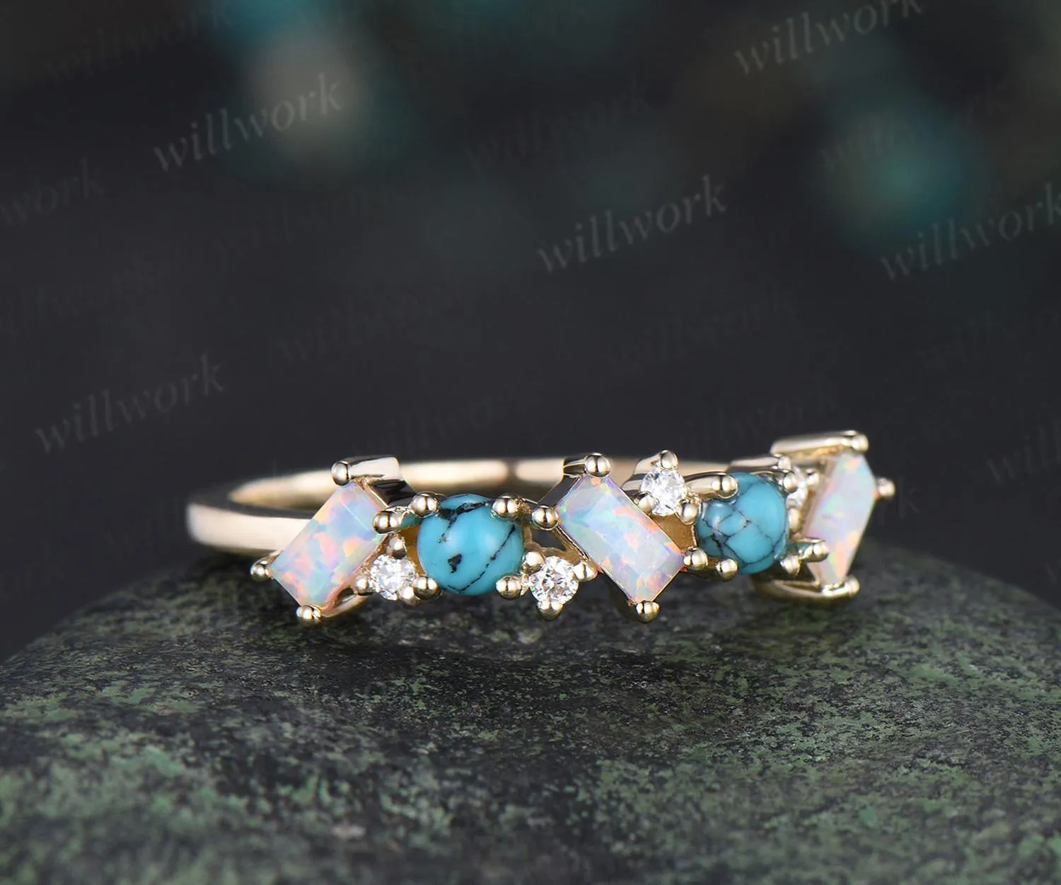 Turquoise ring cluster baguette cut opal wedding band 14k yellow gold moissanite Multi-stone ring unique dainty bridal ring women gift sold by Willwork Jewelry product image thumbnail 4