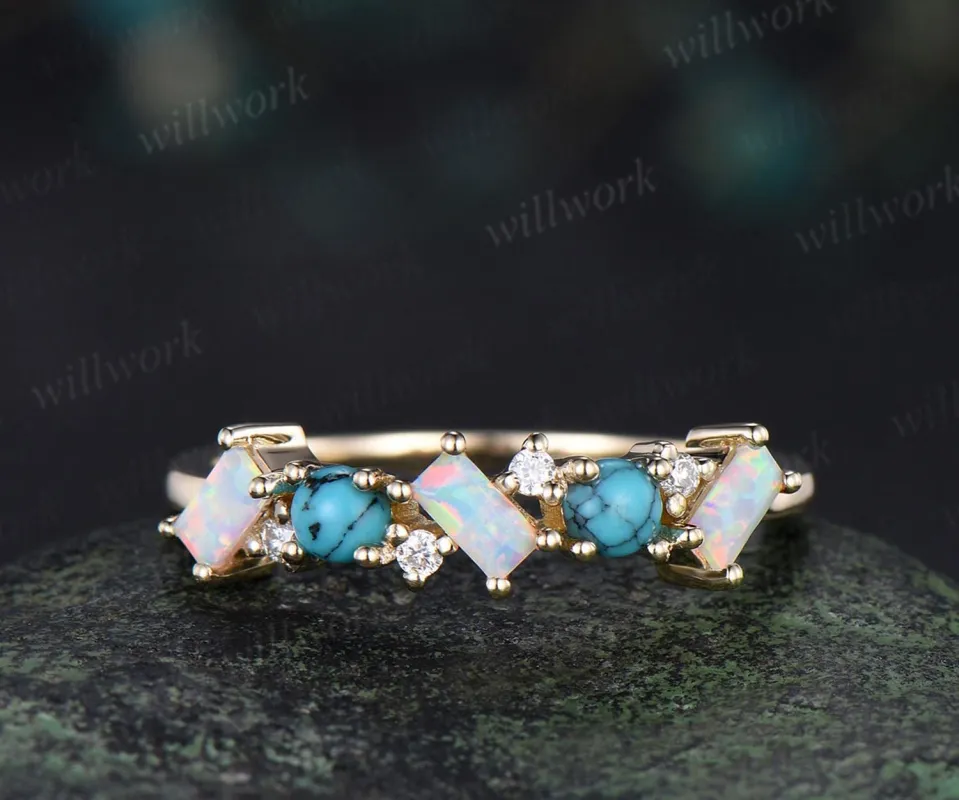 Turquoise ring cluster baguette cut opal wedding band 14k yellow gold moissanite Multi-stone ring unique dainty bridal ring women gift sold by Willwork Jewelry