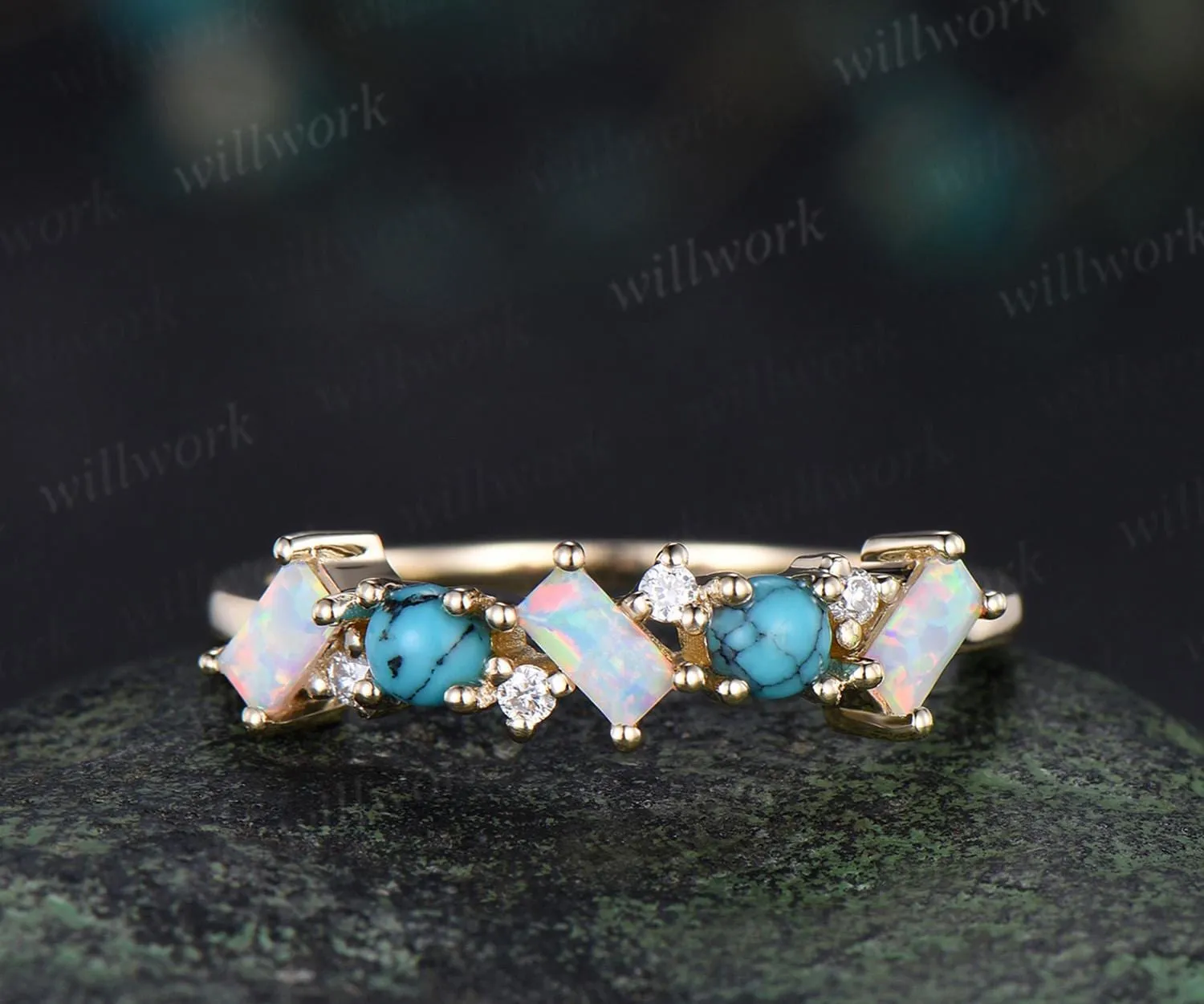 Turquoise ring cluster baguette cut opal wedding band 14k yellow gold moissanite Multi-stone ring unique dainty bridal ring women gift sold by Willwork Jewelry