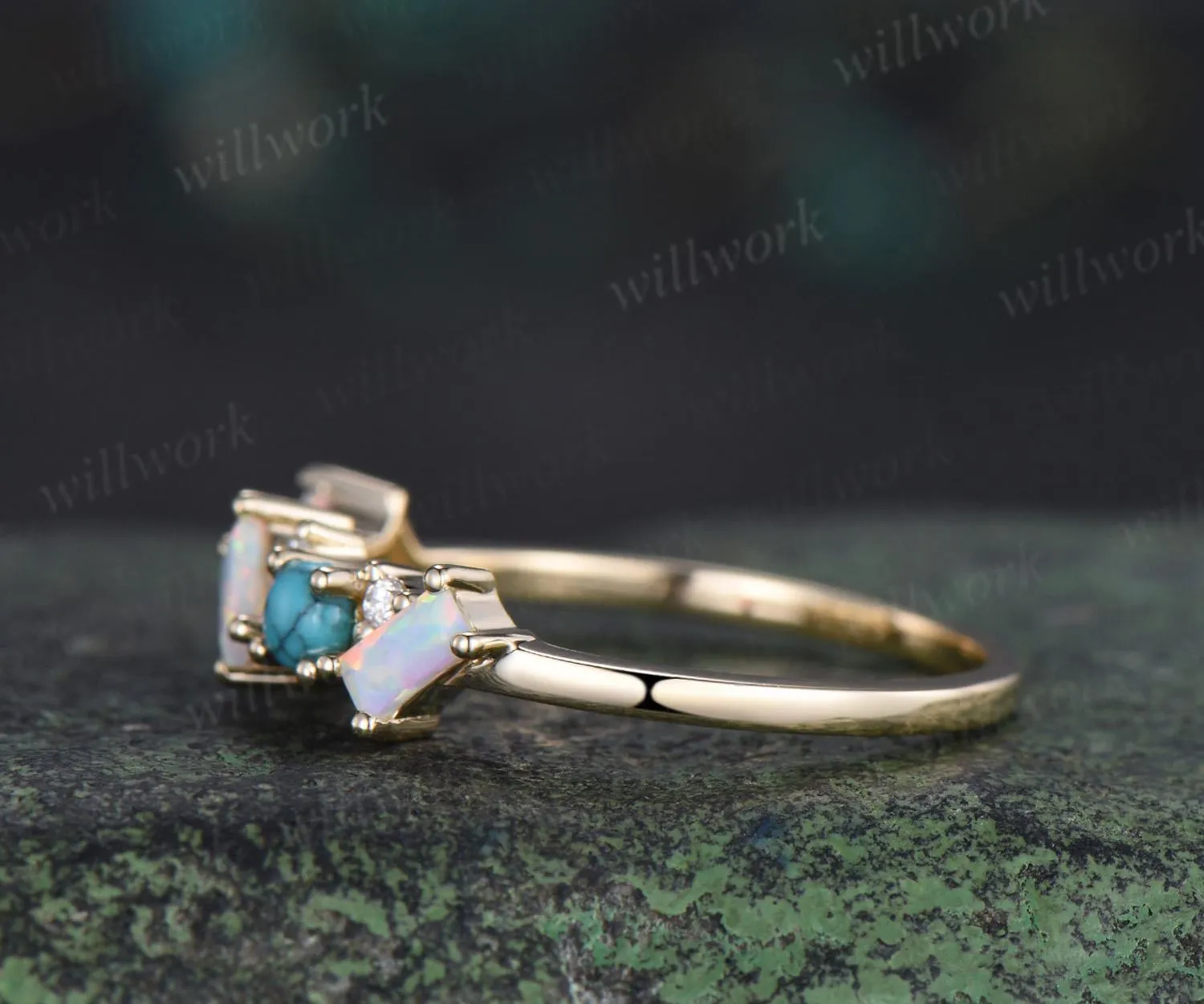 Turquoise ring cluster baguette cut opal wedding band 14k yellow gold moissanite Multi-stone ring unique dainty bridal ring women gift sold by Willwork Jewelry product image thumbnail 5