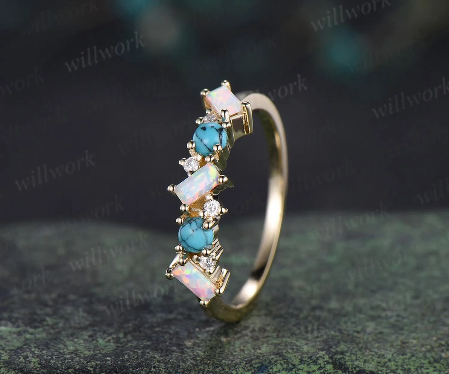 Turquoise ring cluster baguette cut opal wedding band 14k yellow gold moissanite Multi-stone ring unique dainty bridal ring women gift sold by Willwork Jewelry product image thumbnail 2