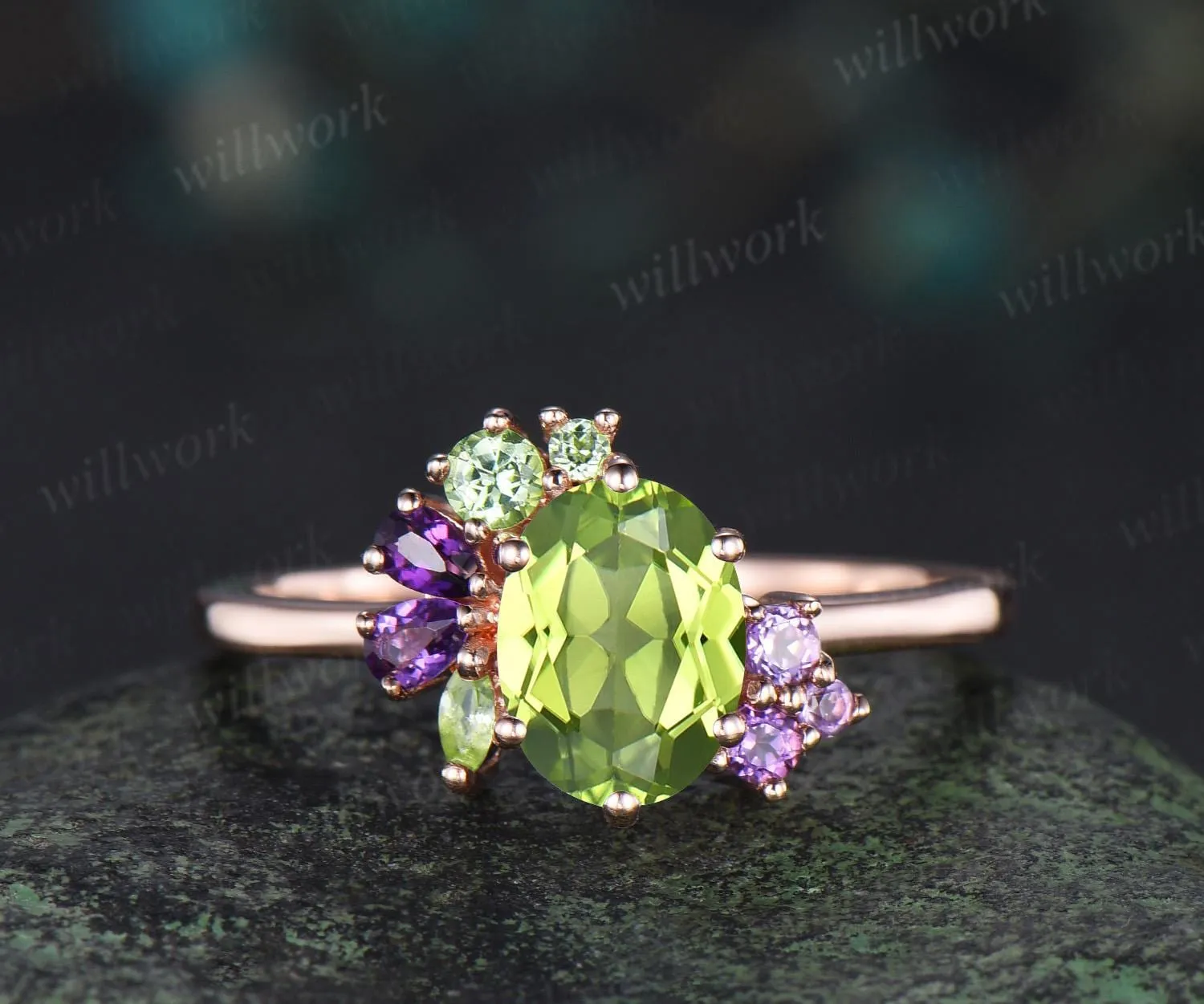 Oval cut peridot engagement ring 14k rose gold 6 prong cluster amethyst ring women anniversary gift for her August birthstone ring silver sold by Willwork Jewelry product image thumbnail 2