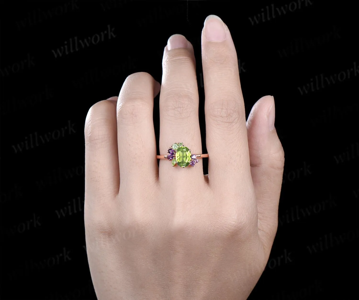 Oval cut peridot engagement ring 14k rose gold 6 prong cluster amethyst ring women anniversary gift for her August birthstone ring silver sold by Willwork Jewelry product image thumbnail 3