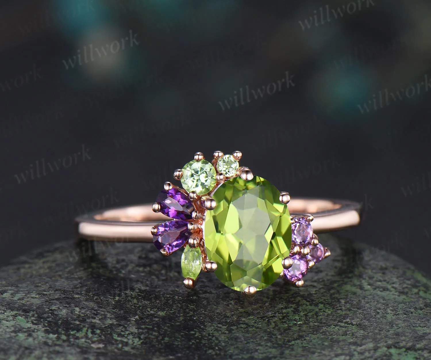 Oval cut peridot engagement ring 14k rose gold 6 prong cluster amethyst ring women anniversary gift for her August birthstone ring silver sold by Willwork Jewelry