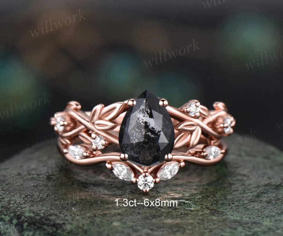 Twig Pear Salt and Pepper Diamond Engagement Ring Set Nature Inspired Leaf Aniversary Ring for Women sold by Willwork Jewelry