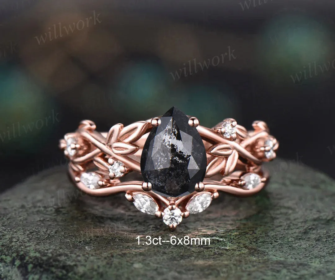 Twig Pear Salt and Pepper Diamond Engagement Ring Set Nature Inspired Leaf Aniversary Ring for Women sold by Willwork Jewelry