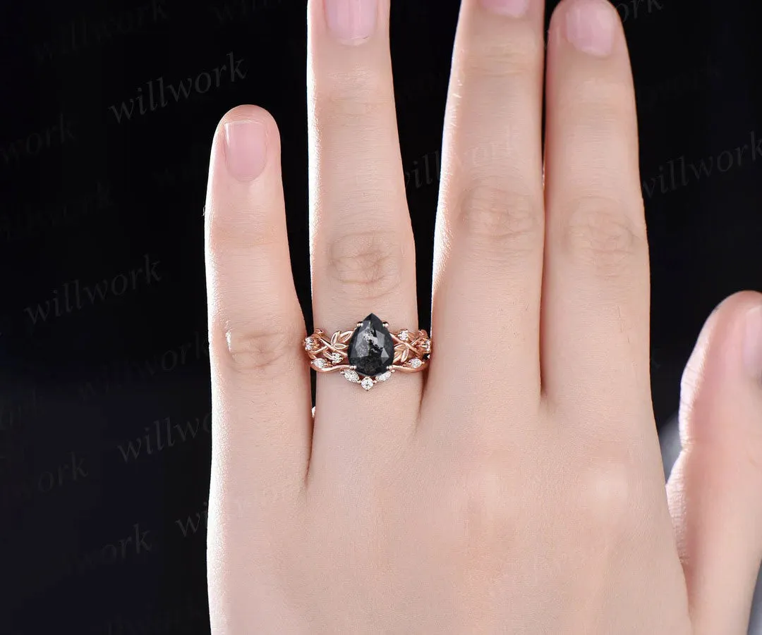 Twig Pear Salt and Pepper Diamond Engagement Ring Set Nature Inspired Leaf Aniversary Ring for Women sold by Willwork Jewelry product image thumbnail 2