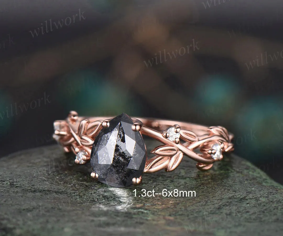 Twig Pear Salt and Pepper Diamond Engagement Ring Set Nature Inspired Leaf Aniversary Ring for Women sold by Willwork Jewelry product image thumbnail 4