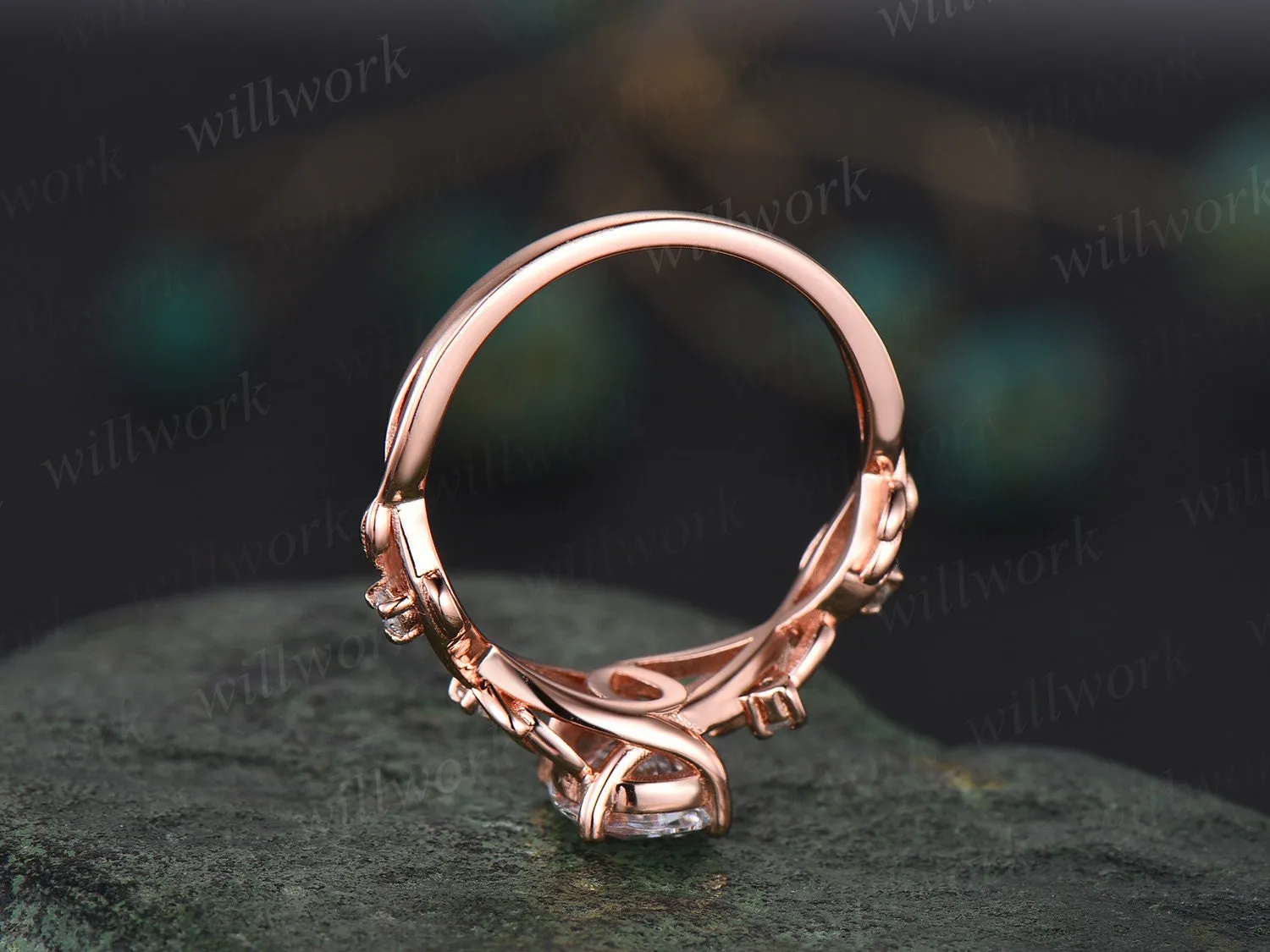 Twig Pear Salt and Pepper Diamond Engagement Ring Set Nature Inspired Leaf Aniversary Ring for Women sold by Willwork Jewelry product image thumbnail 5