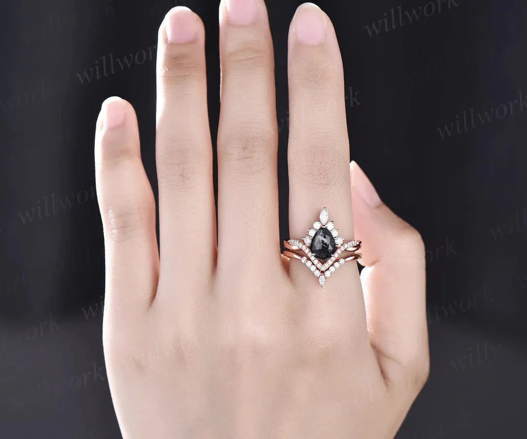 Vintage pear salt and pepper diamond engagement ring set twisted infinity diamond accented wedding bridal ring set women gifts sold by Willwork Jewelry product image thumbnail 2