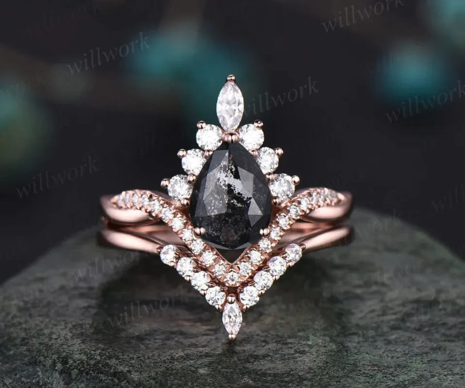 Vintage pear salt and pepper diamond engagement ring set twisted infinity diamond accented wedding bridal ring set women gifts sold by Willwork Jewelry