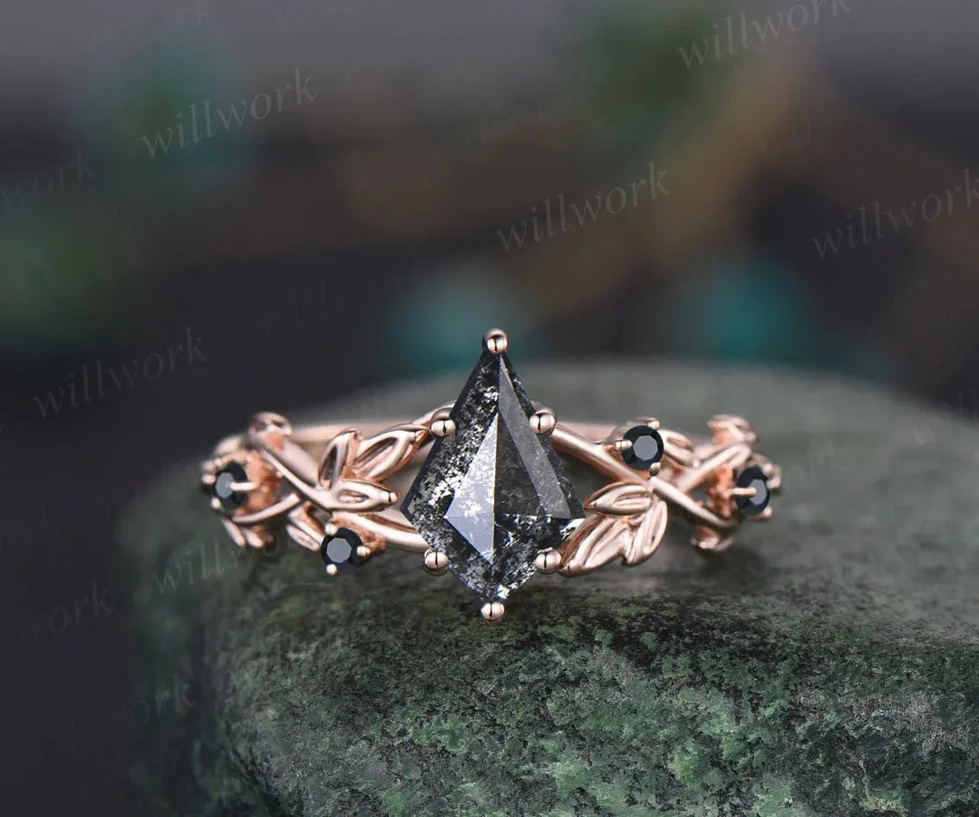 Leaf Kite Salt and Pepper Diamond Engagement Ring Nature Inspired Twig Black Diamond Accented Wedding Ring sold by Willwork Jewelry