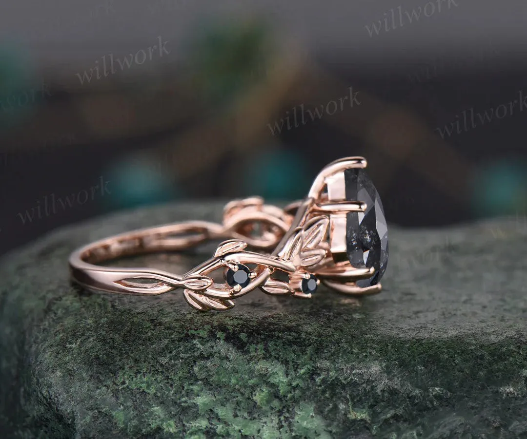 Leaf Kite Salt and Pepper Diamond Engagement Ring Nature Inspired Twig Black Diamond Accented Wedding Ring sold by Willwork Jewelry product image thumbnail 2