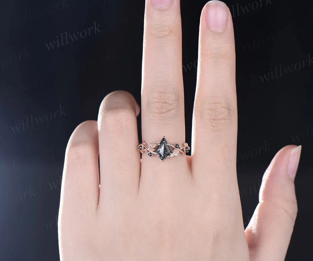 Leaf Kite Salt and Pepper Diamond Engagement Ring Nature Inspired Twig Black Diamond Accented Wedding Ring sold by Willwork Jewelry product image thumbnail 5