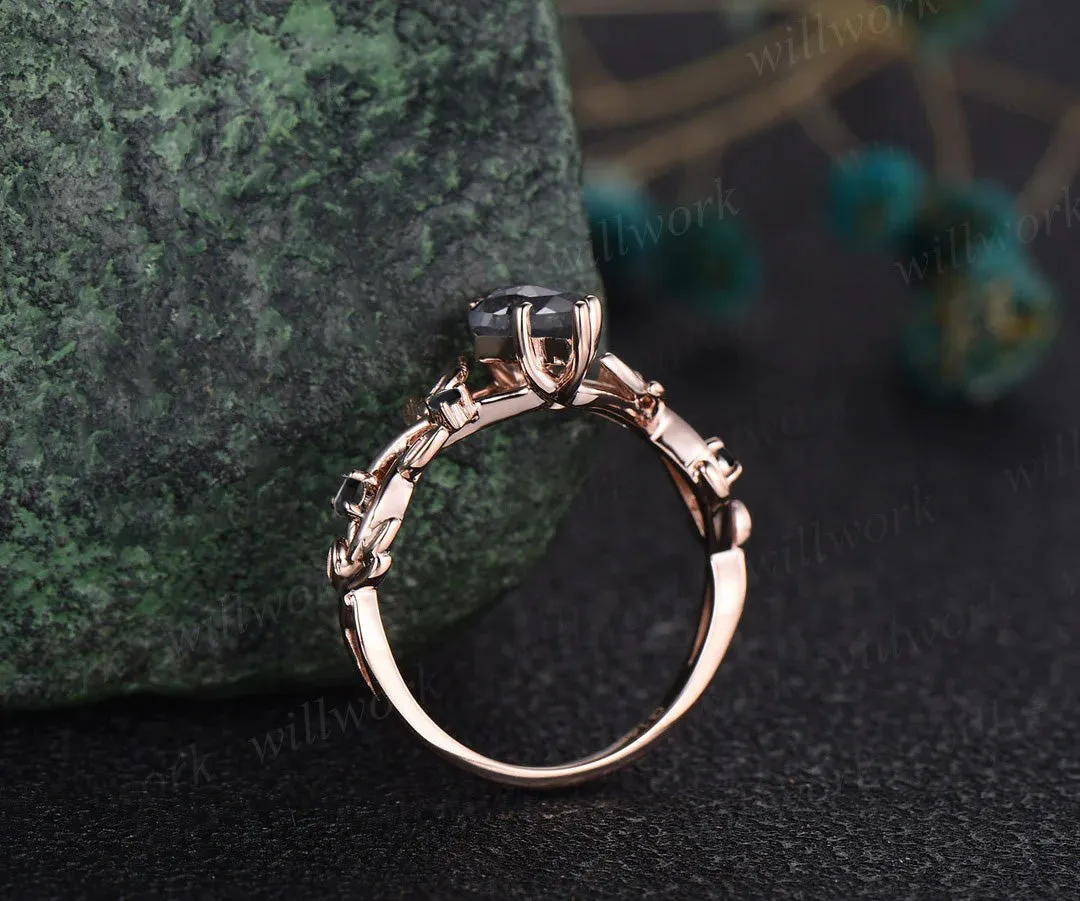 Leaf Kite Salt and Pepper Diamond Engagement Ring Nature Inspired Twig Black Diamond Accented Wedding Ring sold by Willwork Jewelry product image thumbnail 3