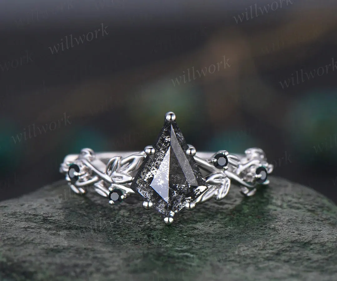 Leaf Kite Salt and Pepper Diamond Engagement Ring Nature Inspired Twig Black Diamond Accented Wedding Ring sold by Willwork Jewelry product image thumbnail 4