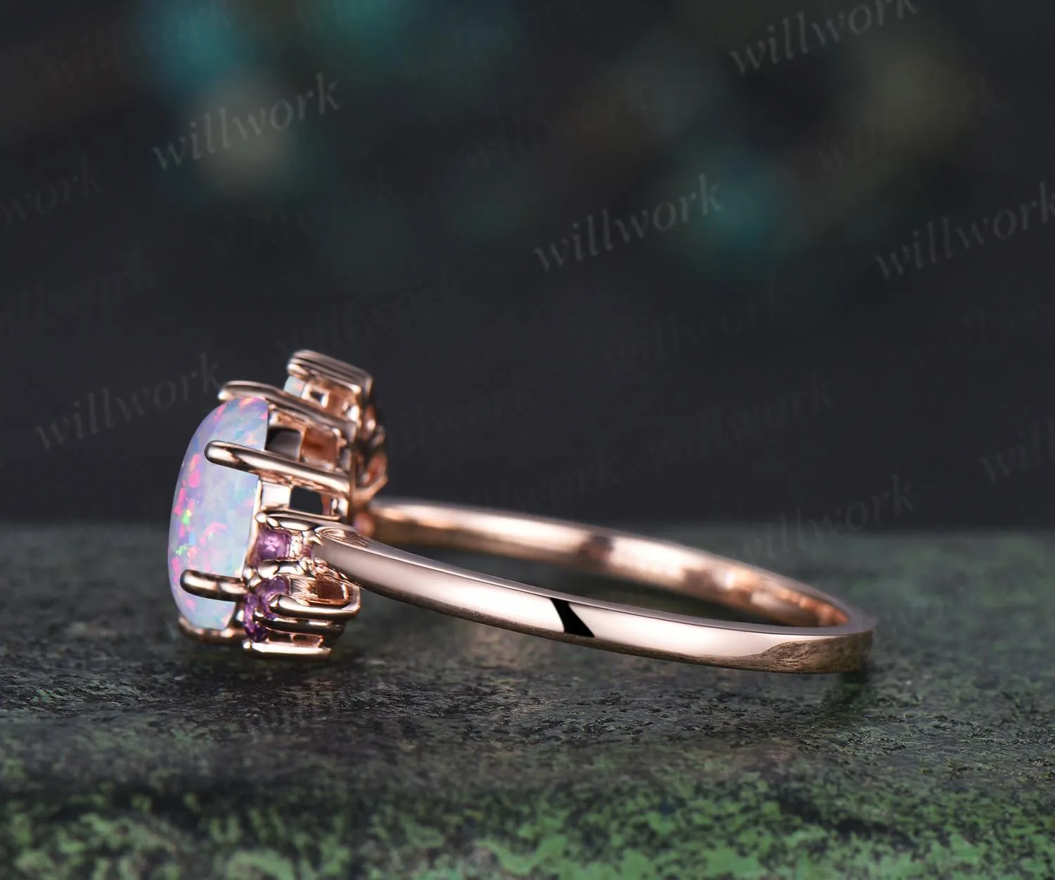 Oval white opal engagement ring rose gold 6 prong cluster amethyst ring dainty wedding bridal ring women sold by Willwork Jewelry product image thumbnail 5