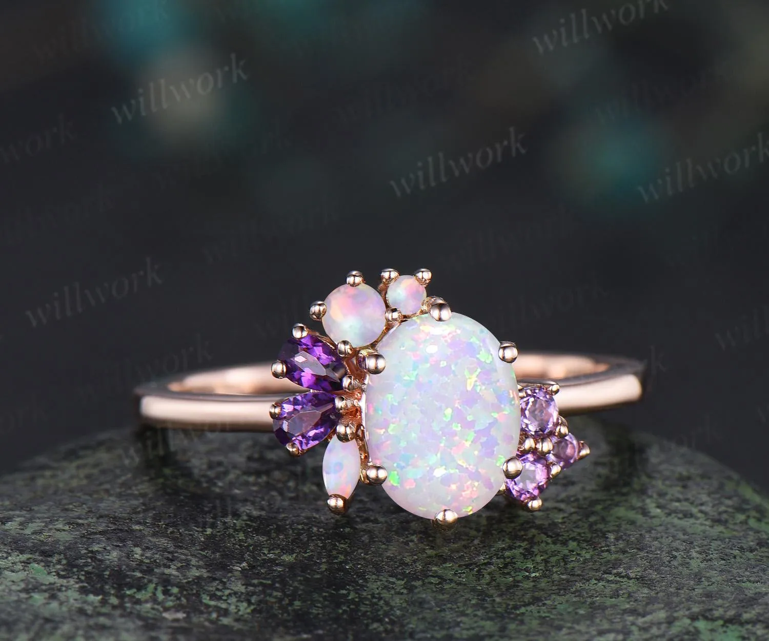 Oval white opal engagement ring rose gold 6 prong cluster amethyst ring dainty wedding bridal ring women sold by Willwork Jewelry product image thumbnail 2