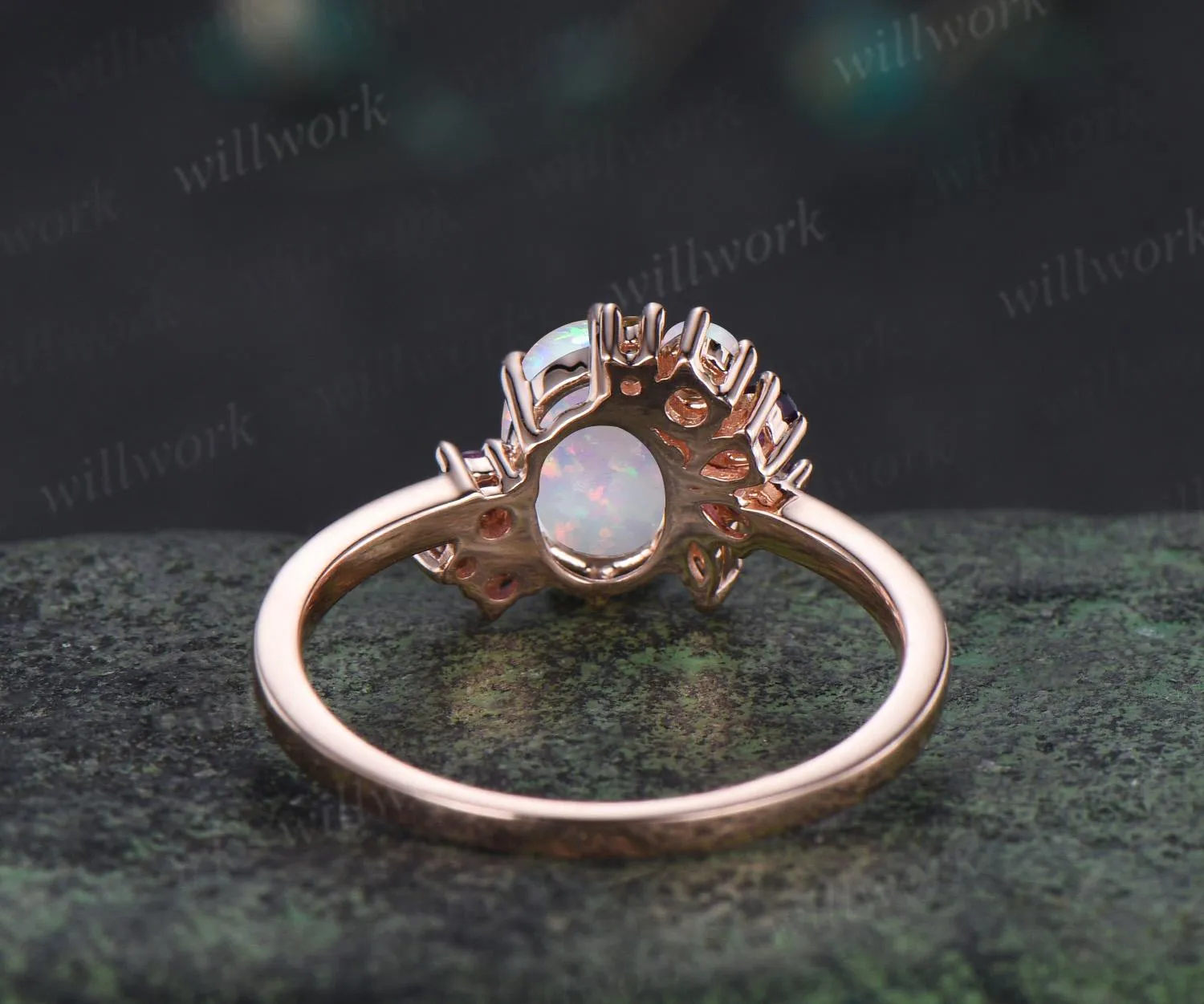 Oval white opal engagement ring rose gold 6 prong cluster amethyst ring dainty wedding bridal ring women sold by Willwork Jewelry product image thumbnail 4