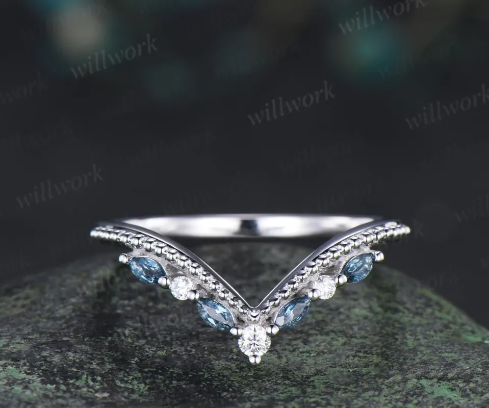 Marquise cut London blue topaz curved wedding band white gold art deco handmade stacking bridal ring women made by Willwork Jewelry