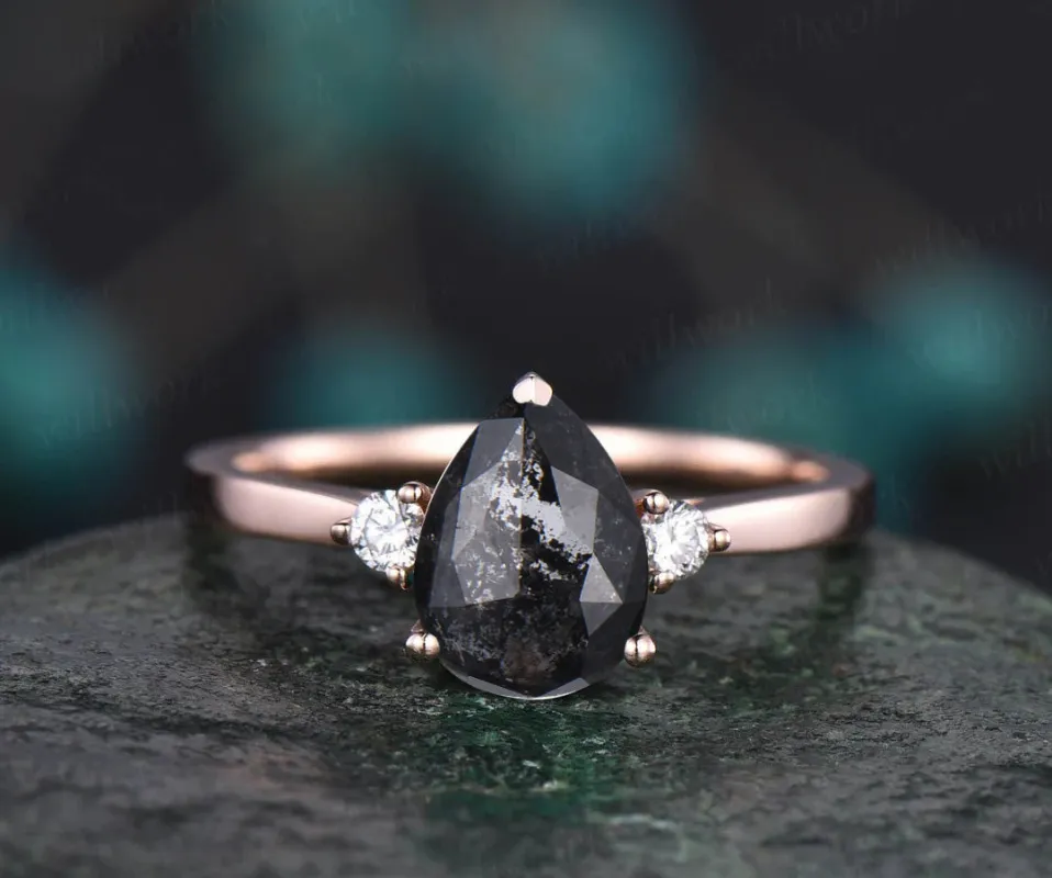 Unique Pear Salt and Pepper Diamond Engagement Ring Three Stone Diamond Accented Promise Ring for Her sold by Willwork Jewelry