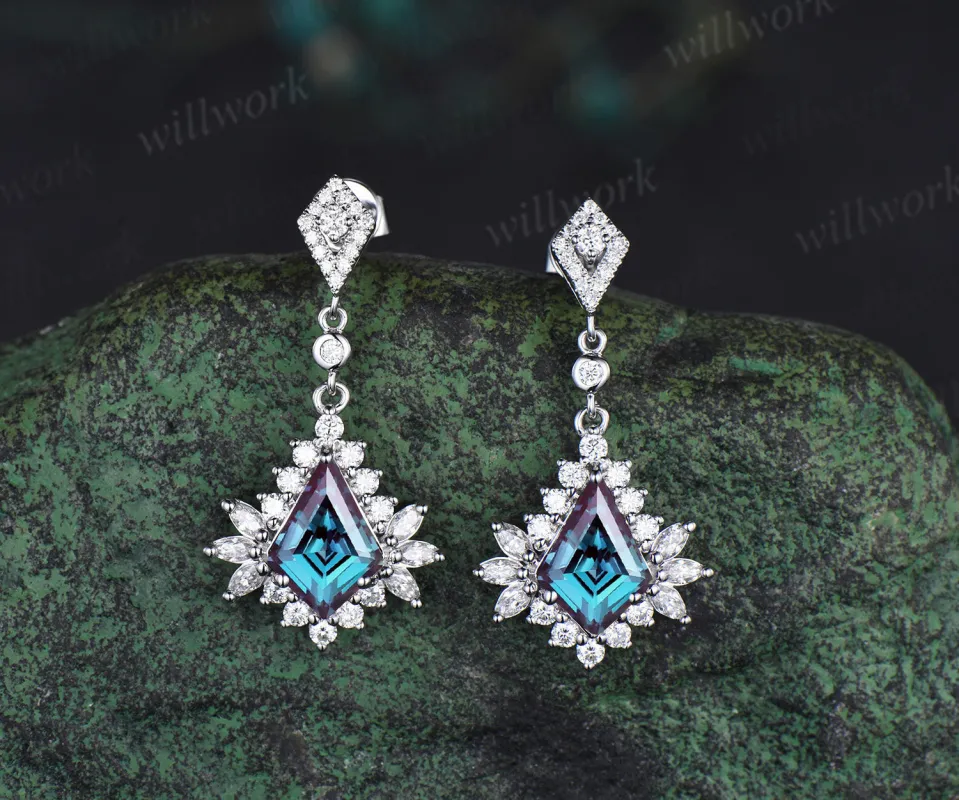Vintage kite cut alexandrite earrings unique moissanite halo drop earrings color change gemstone earrings for women sold by Willwork Jewelry